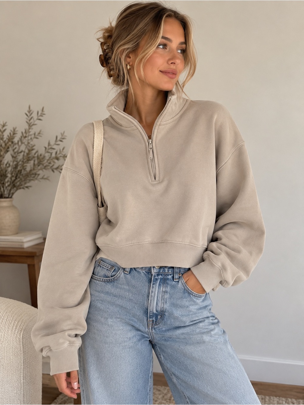 Aritzia TNA Sweatfleece Cozy Fleece Perfect Fit Half Zip Cropped Sweatshirt
